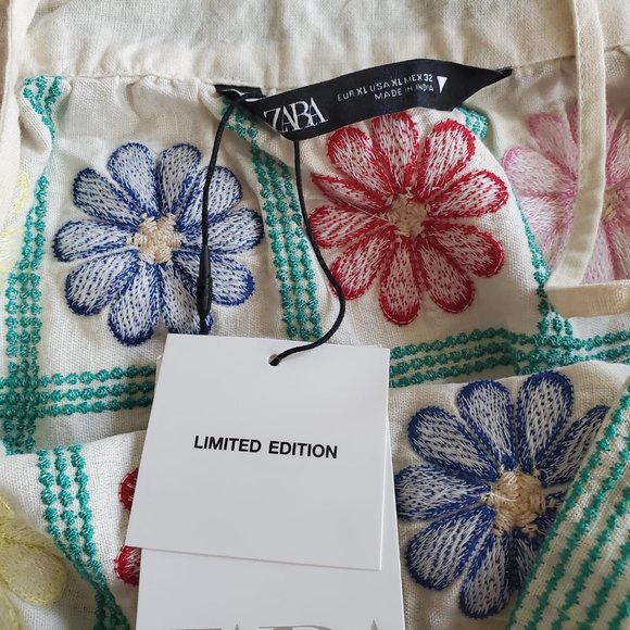NWT ZARA  EMBROIDERED TOP LIMITED EDITION LINEN BLEND ECRU, REF. 7521/402, sz XL - Picture 5 of 6
